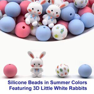 Silicone Beads in Summer Colors Featuring 3D Little White Rabbits